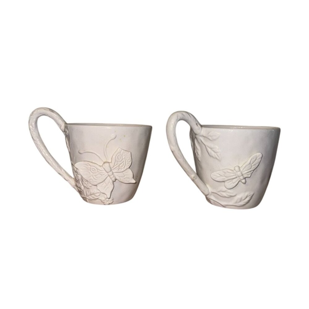 Set Of 2 Embossed Ceramic Butterfly & Dragonfly White Coffee Mugs 4.5" Tall